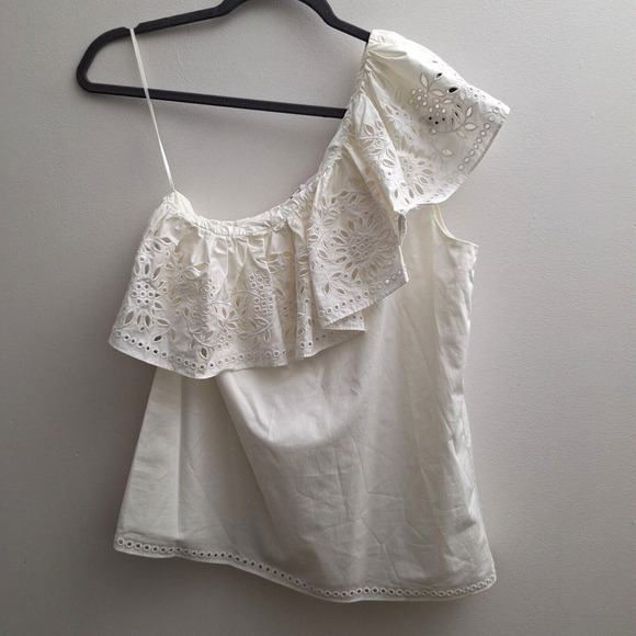 PARKER White Ruffle Eyelet One Shoulder Blouse MED White Lined Sleeveless NWT - Picture 1 of 5